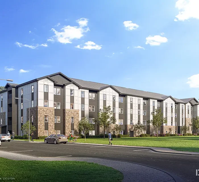 architects rendering of a 4 story apartment building with a driveway and trees